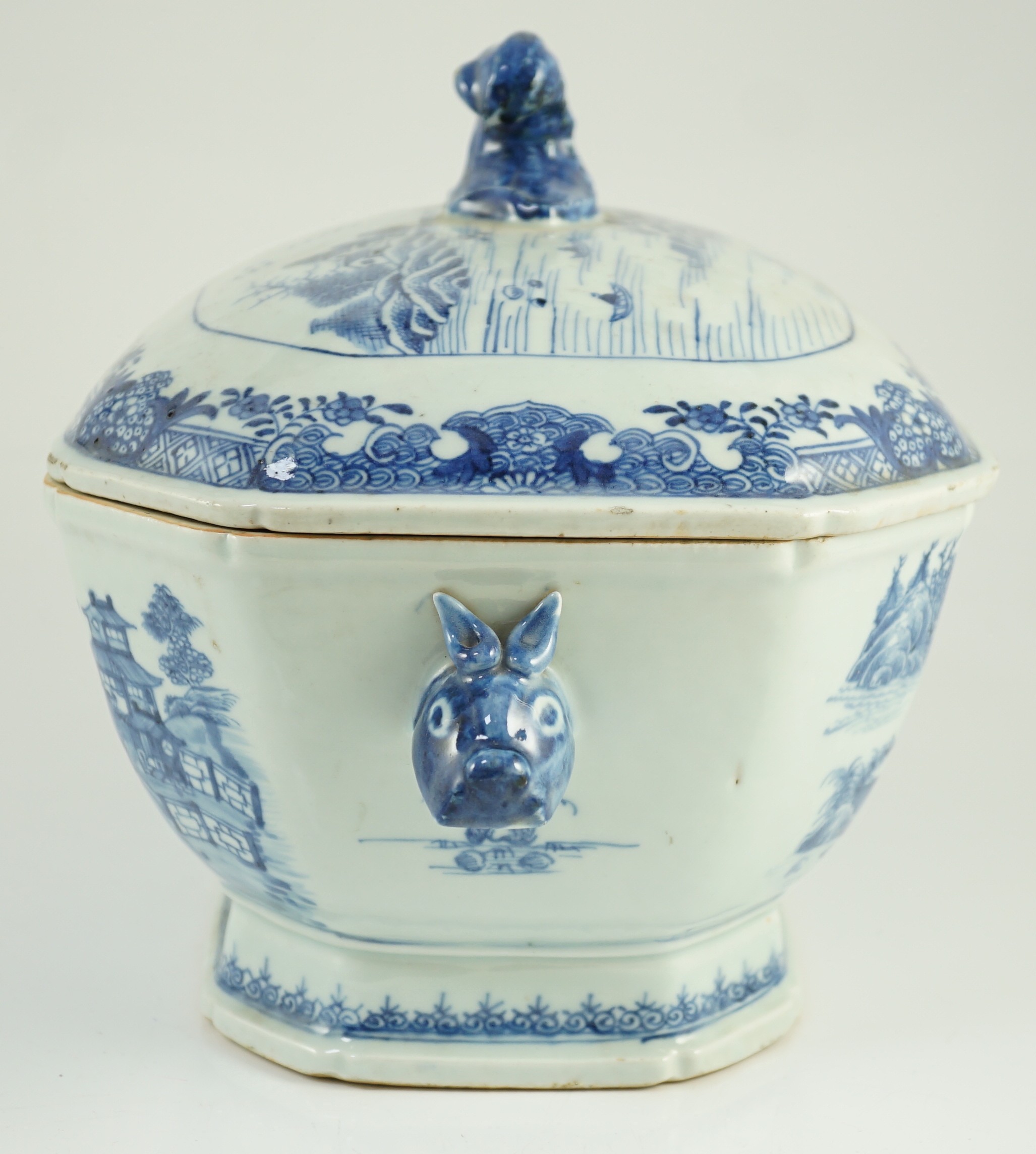 A Chinese blue and white tureen and cover, Qianlong period, 35.5cm wide, one handle re-attached